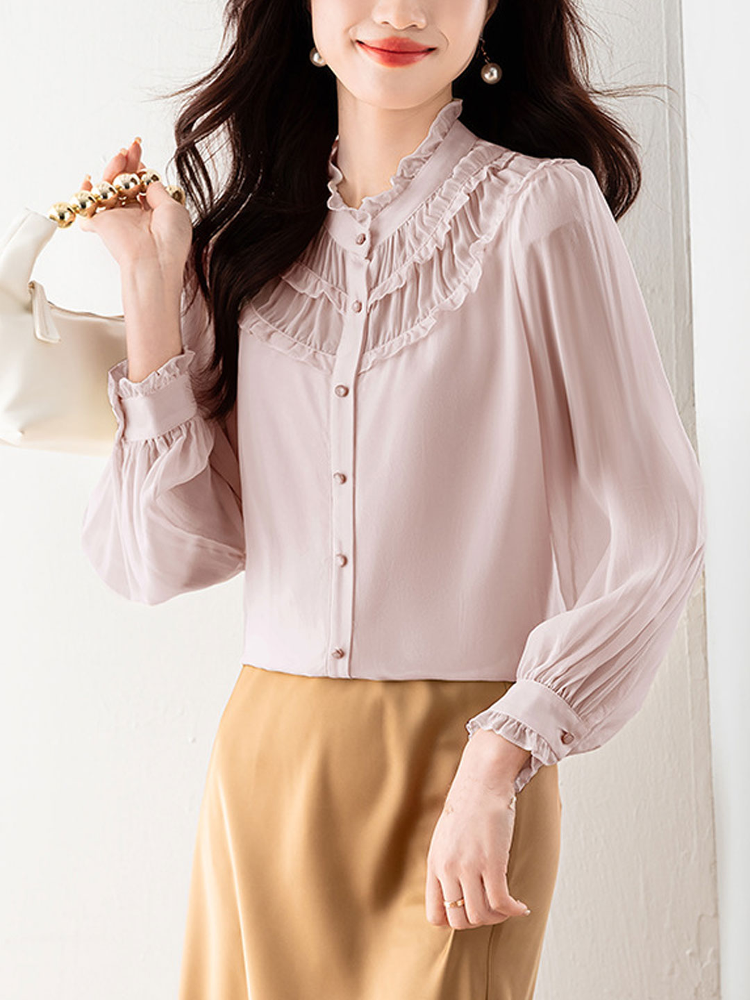 Classical Ruffle Lauren Classic Ruffle Lace Pleated Chiffon Top – Roselili
