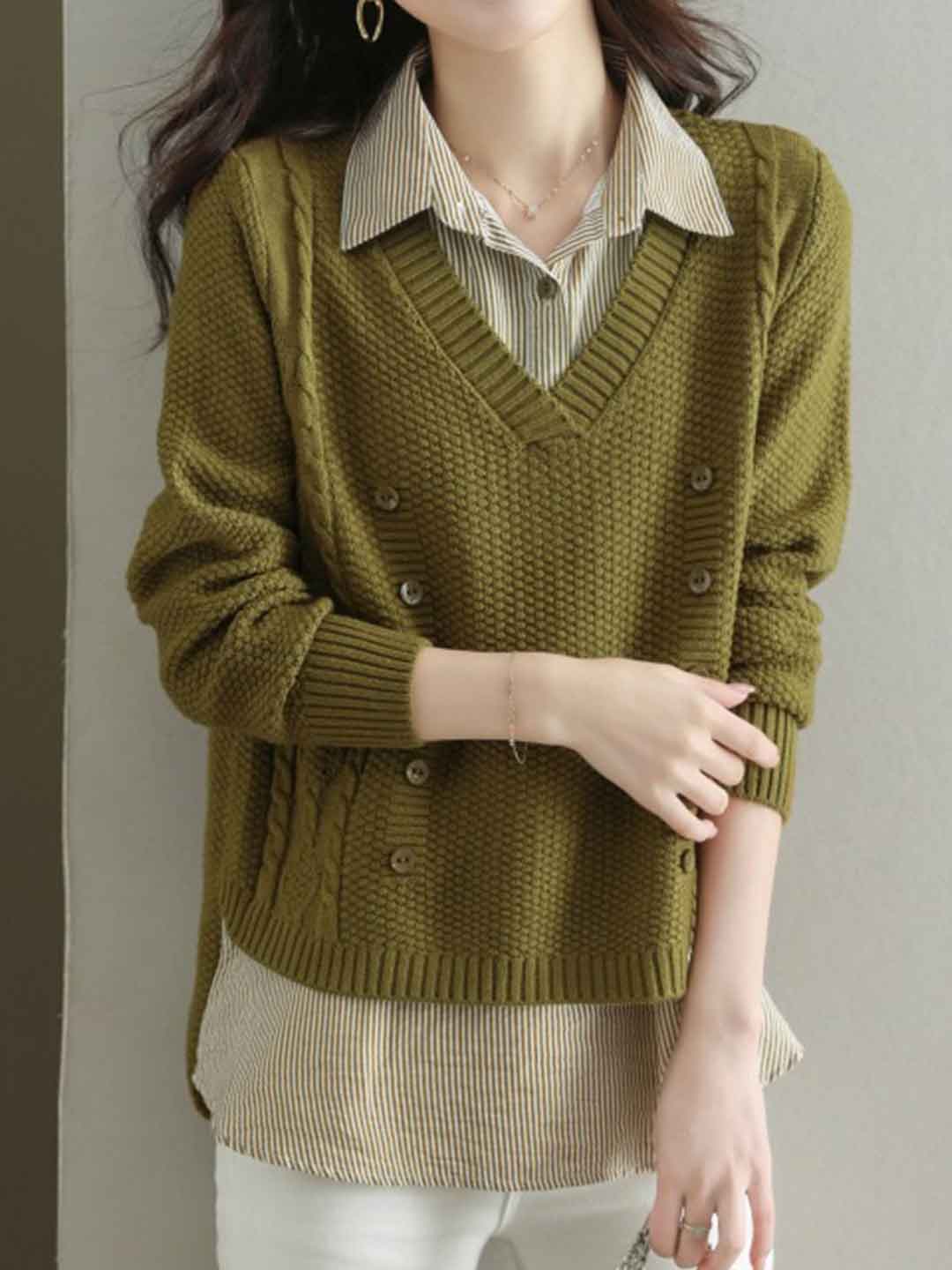 Jocelyn Loose Mock Two-Piece Striped Knitted Top