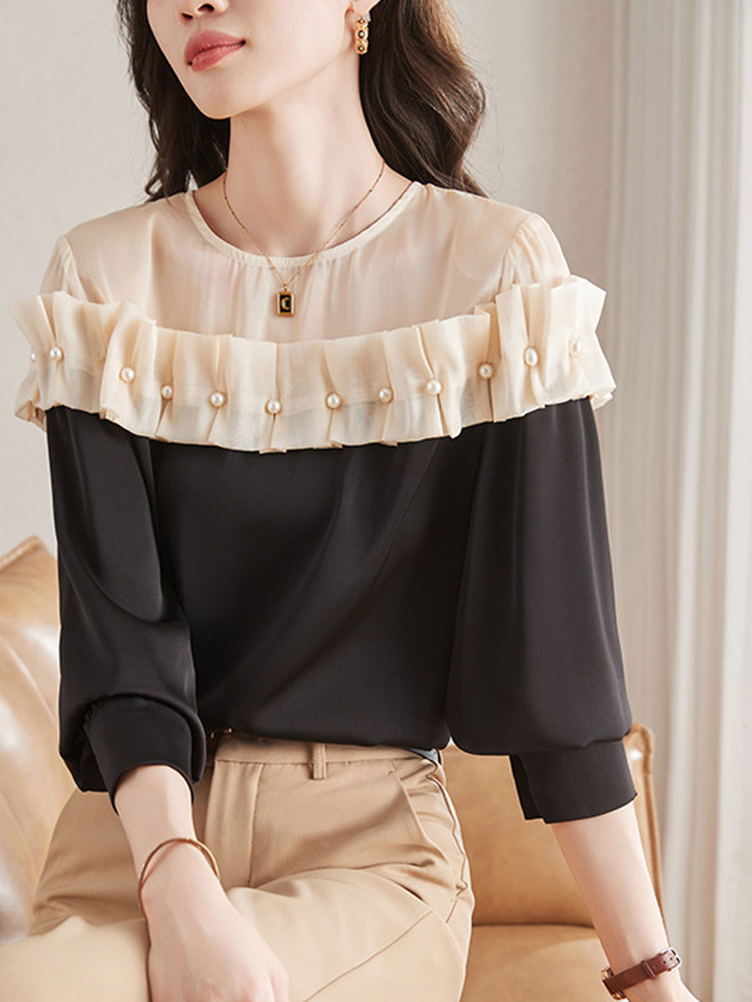 Lauren Elegant Contrasted Patchwork Chiffon Blouse