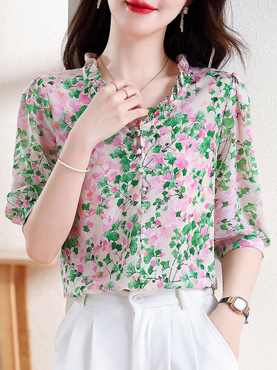 Mia Vacation V-Neck Ruffled Floral Chiffon Top-Red