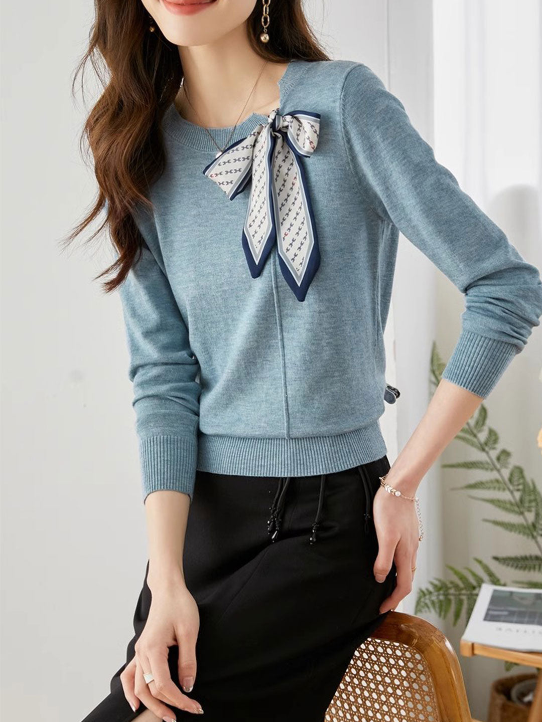 Lara Elegant Scarf Tie Knitted Sweater-Blue