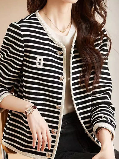 Sarah Retro Crew Neck Striped Cardigan