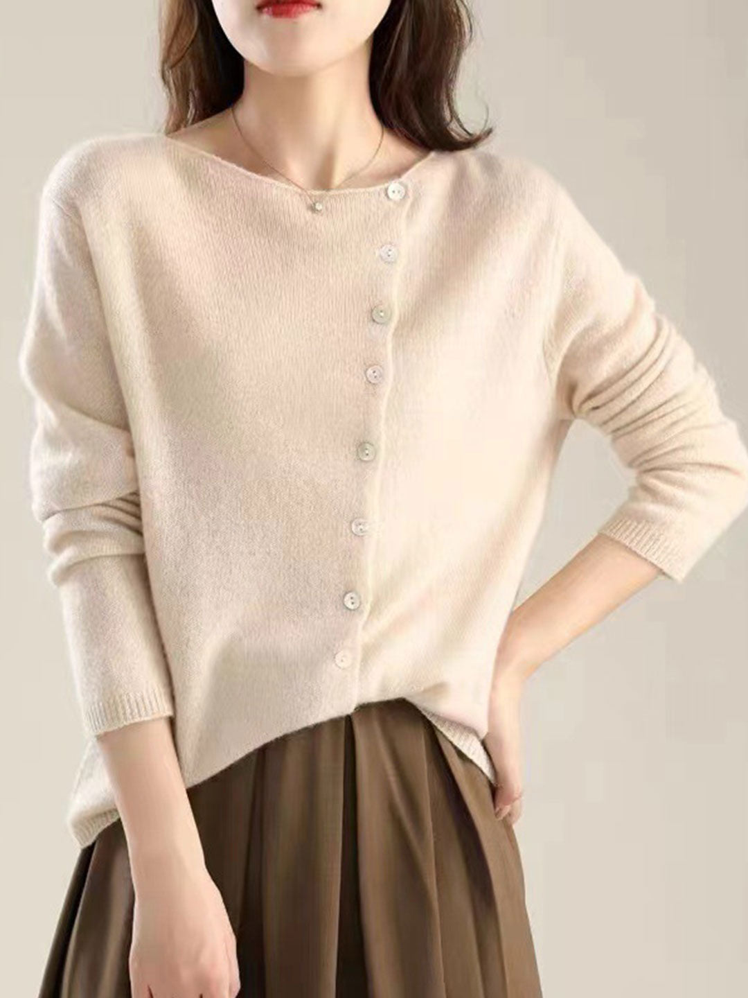 Kayla Classic Crew Neck Knitted Cardigan-Apricot