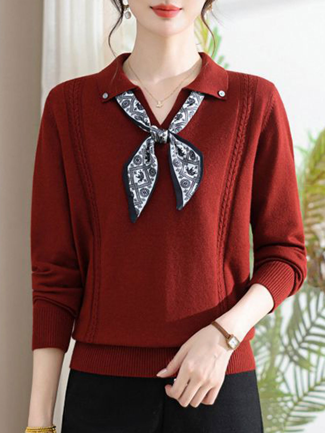 Grace Loose Lapel Scarf Pullover Knitted Top