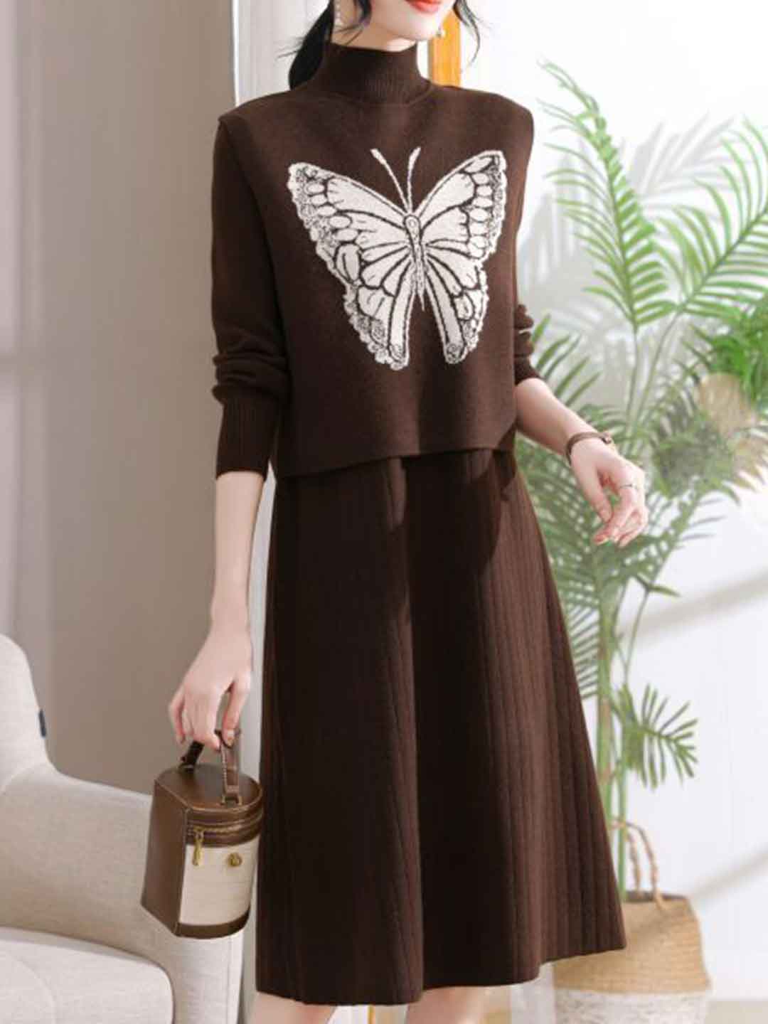 Jessica Loose Turtleneck Butterfly Printed Knitted Dress