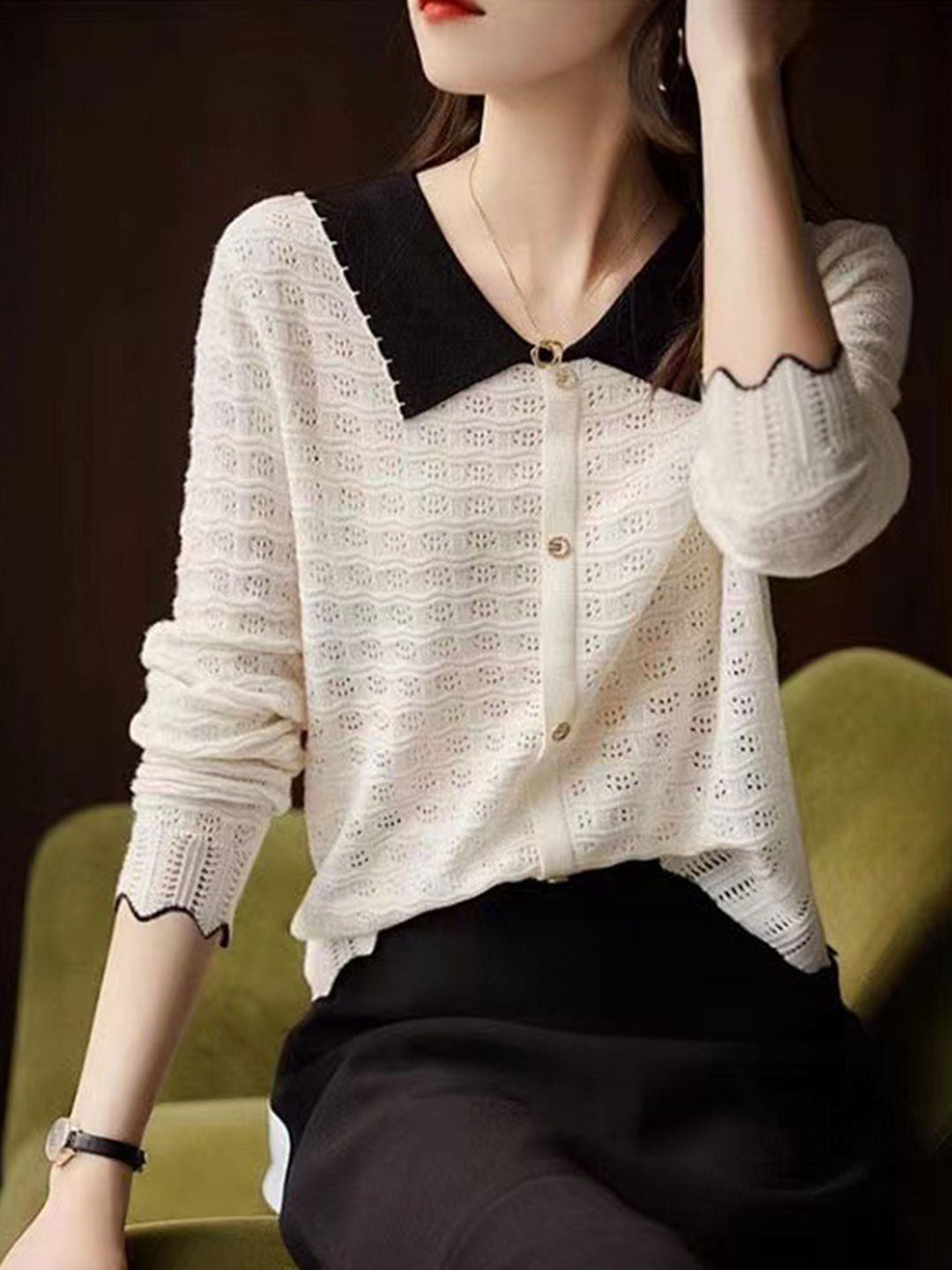 Kayla Retro Contrast Color Doll Collar Knitted Top