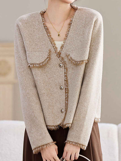 Emma Retro V-Neck Solid Color Tweed Coat