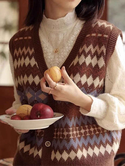 Olivia Retro V-Neck Diamond Knitted Vest