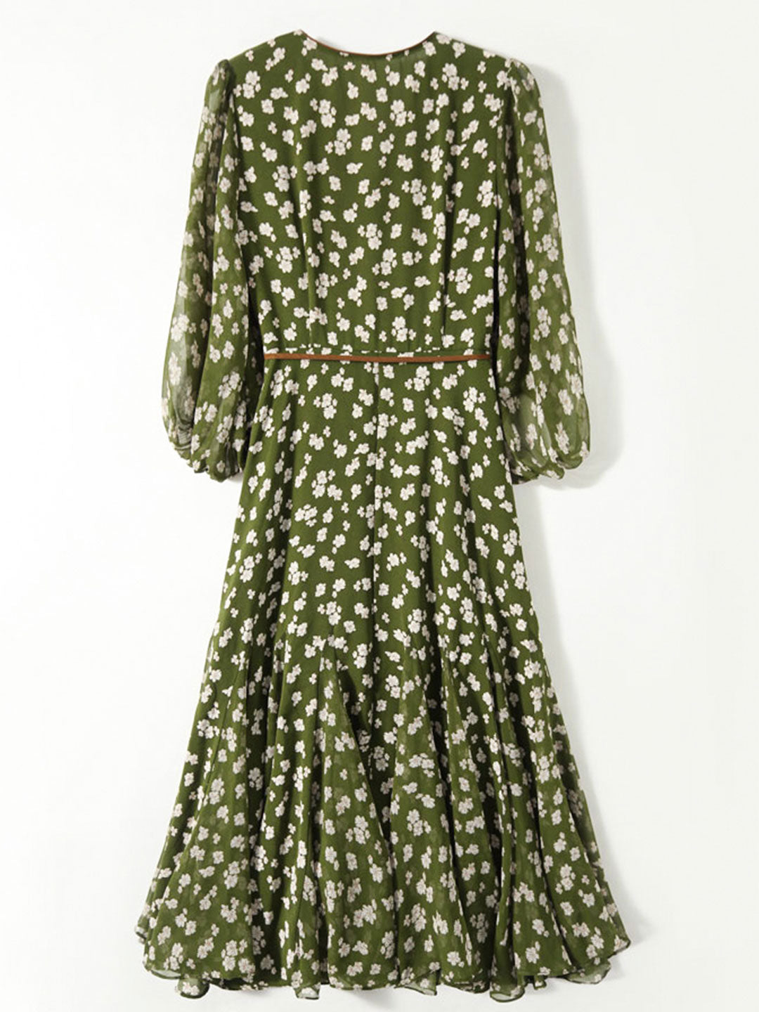 Molly Retro Floral Wrap Waisted Dress-Green Middle