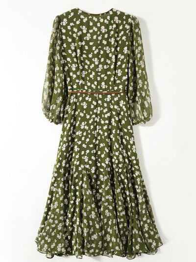 Molly Retro Floral Wrap Waisted Dress-Green Middle