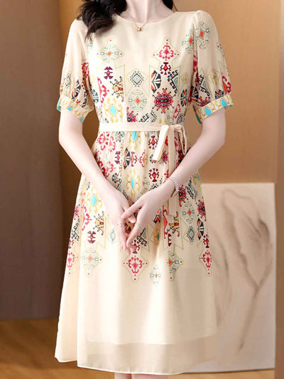 Hannah Vacation Crew Neck Printed Colorblocked Dress