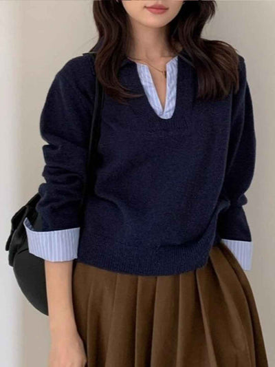 Grace Slim Lapel Striped Two-Piece Knitted Top