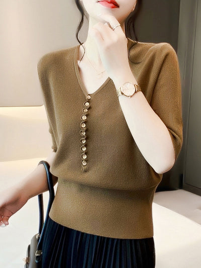 Kayla Loose V-Neck Button Knitted Top-Coffee