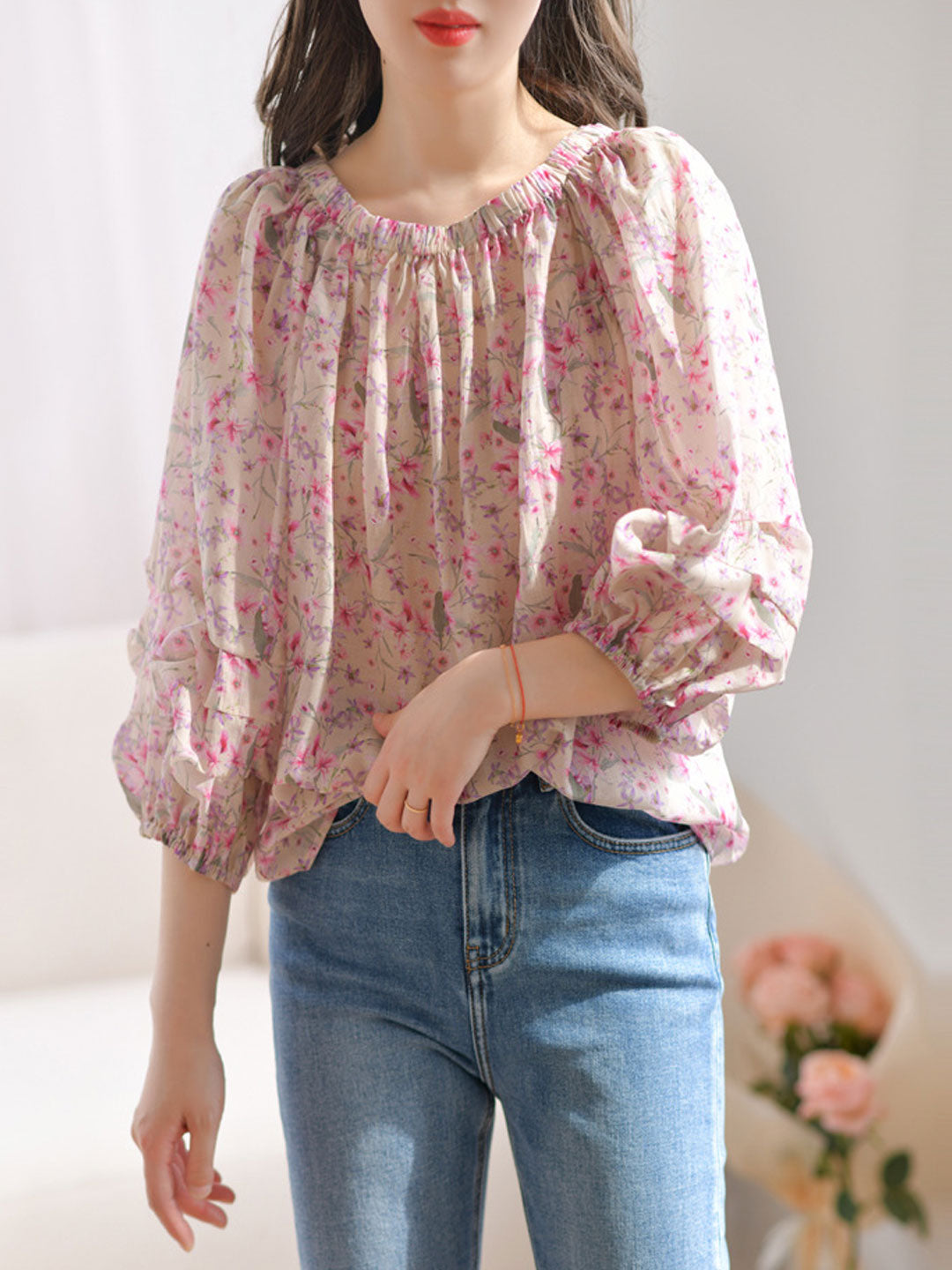 Emma Casual Puff Sleeve Off Shoulder Floral Top