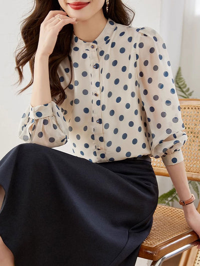 Alexis Retro Polka Dot Printed Chiffon Shirt-Blue