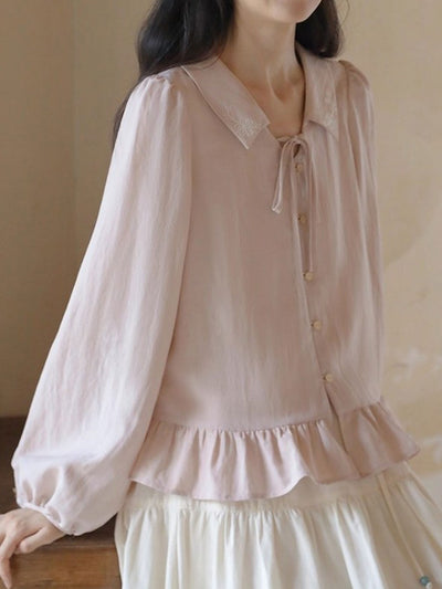 Sarah Loose Lapel Ruffle Embroidered Blouse