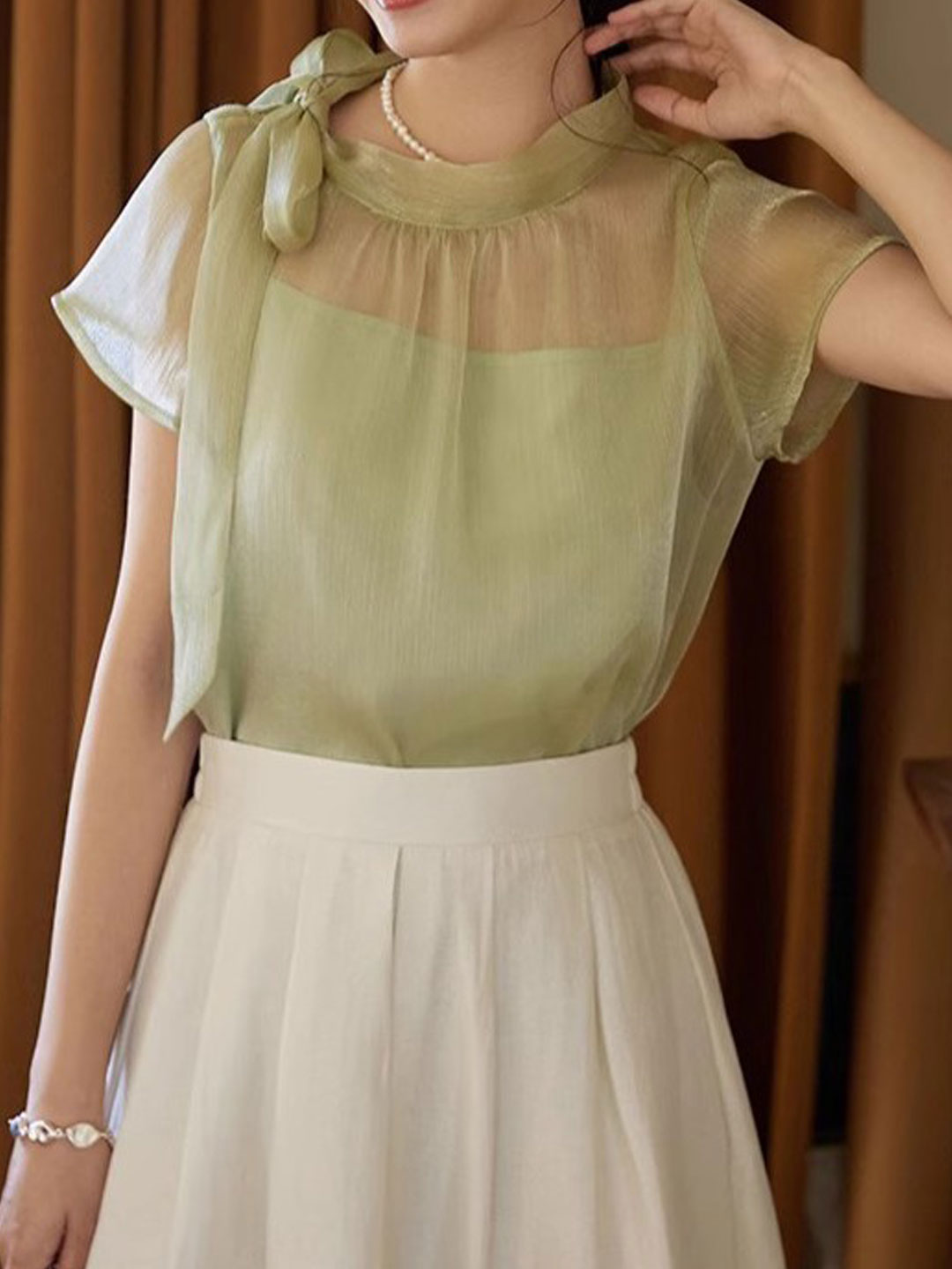 Caroline Elegant Crew Neck Tie Blouse