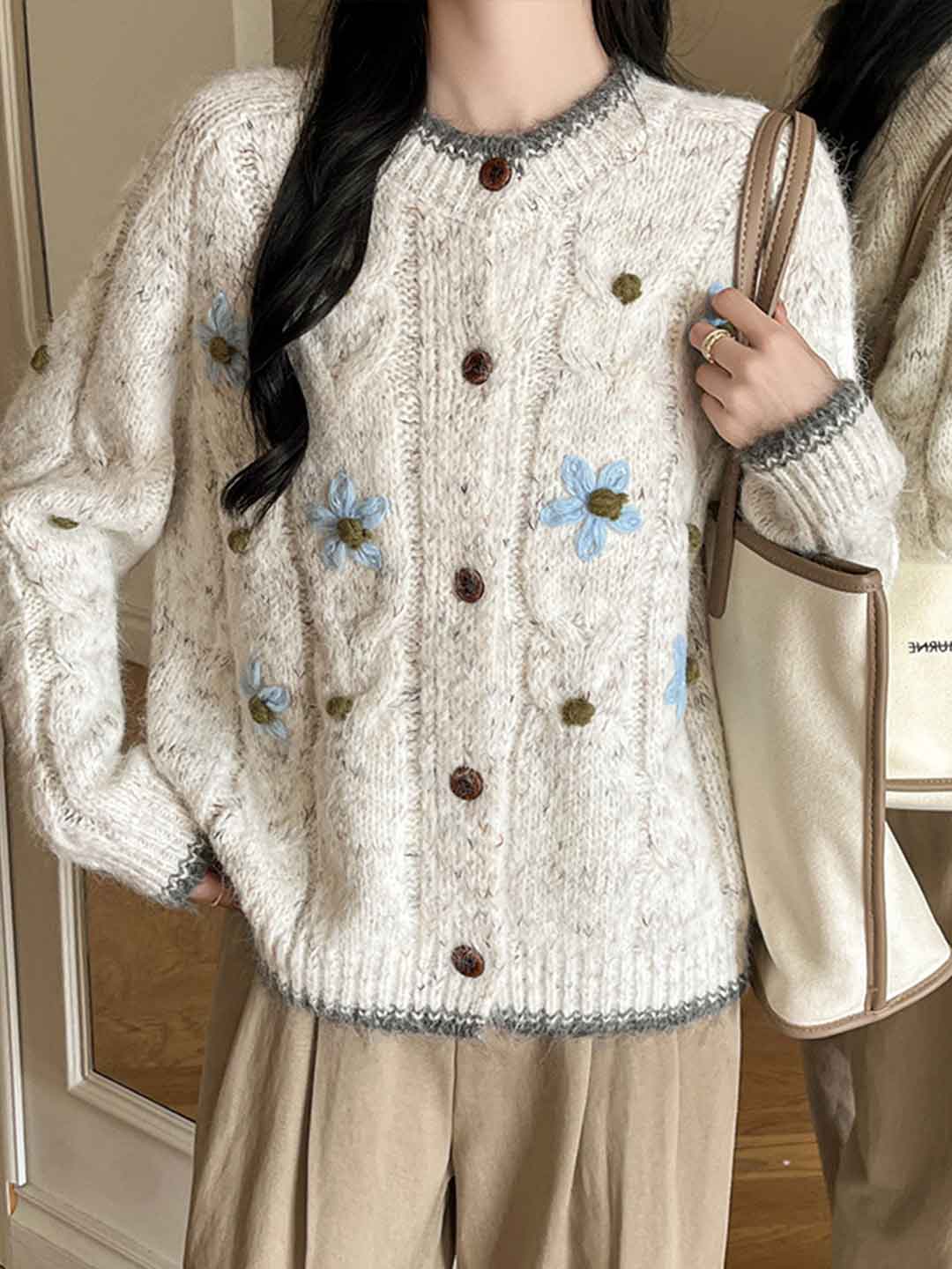 Sarah Classic Crew Neck Floral Crochet Knitted Sweater