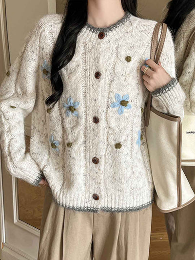 Sarah Classic Crew Neck Floral Crochet Knitted Sweater