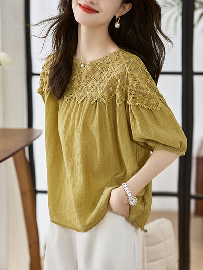 Sophie Loose Chiffon Lace Blouse-Khaki