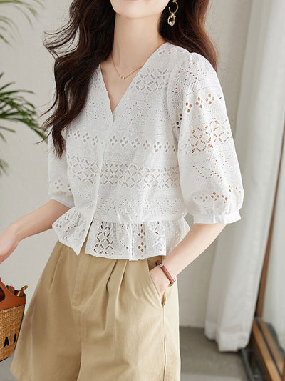 Valeria Classic Embroidered Hollowed Blouse