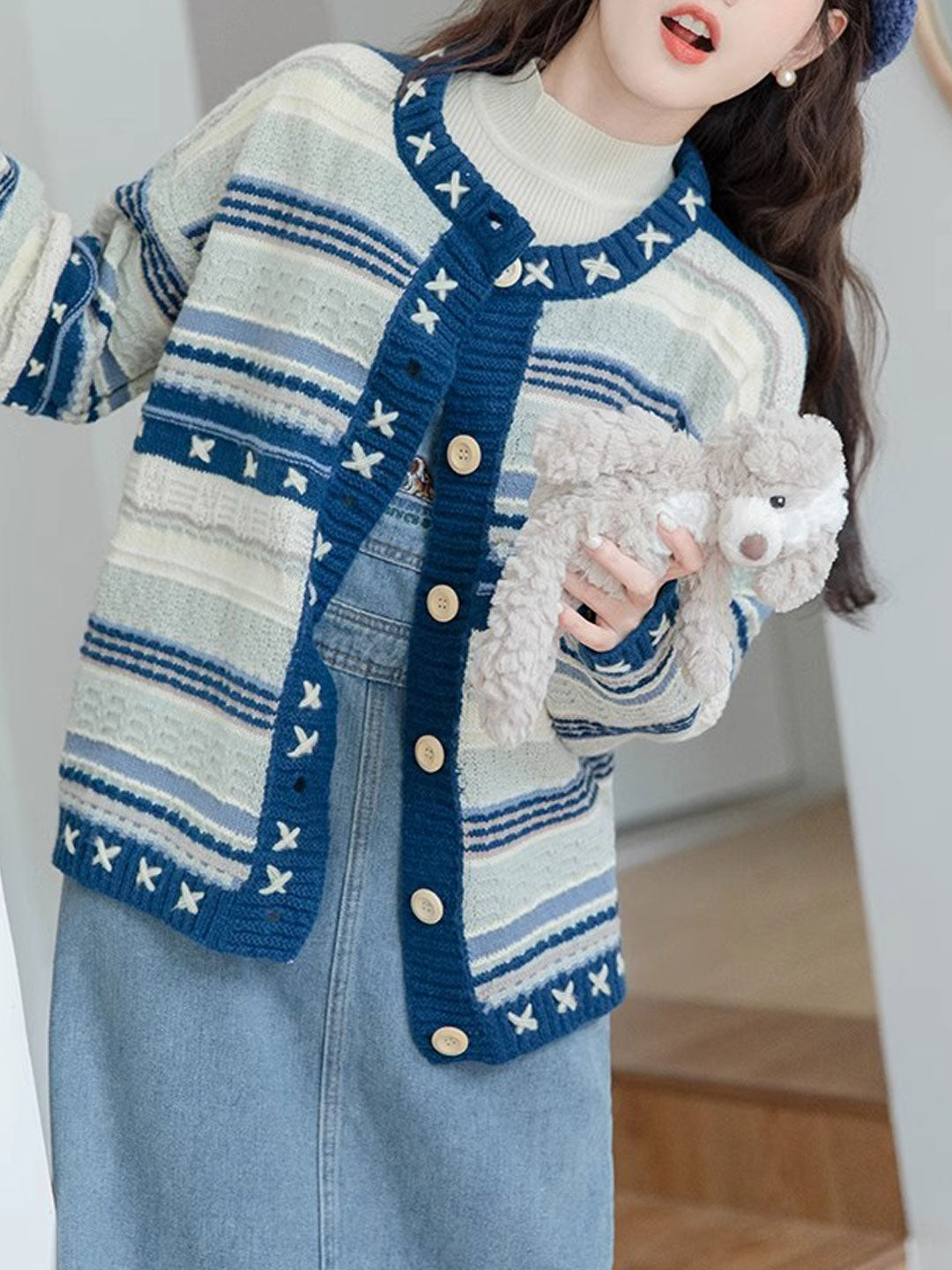 Sophia Casual Striped Single-Breasted Knitted Cardigan