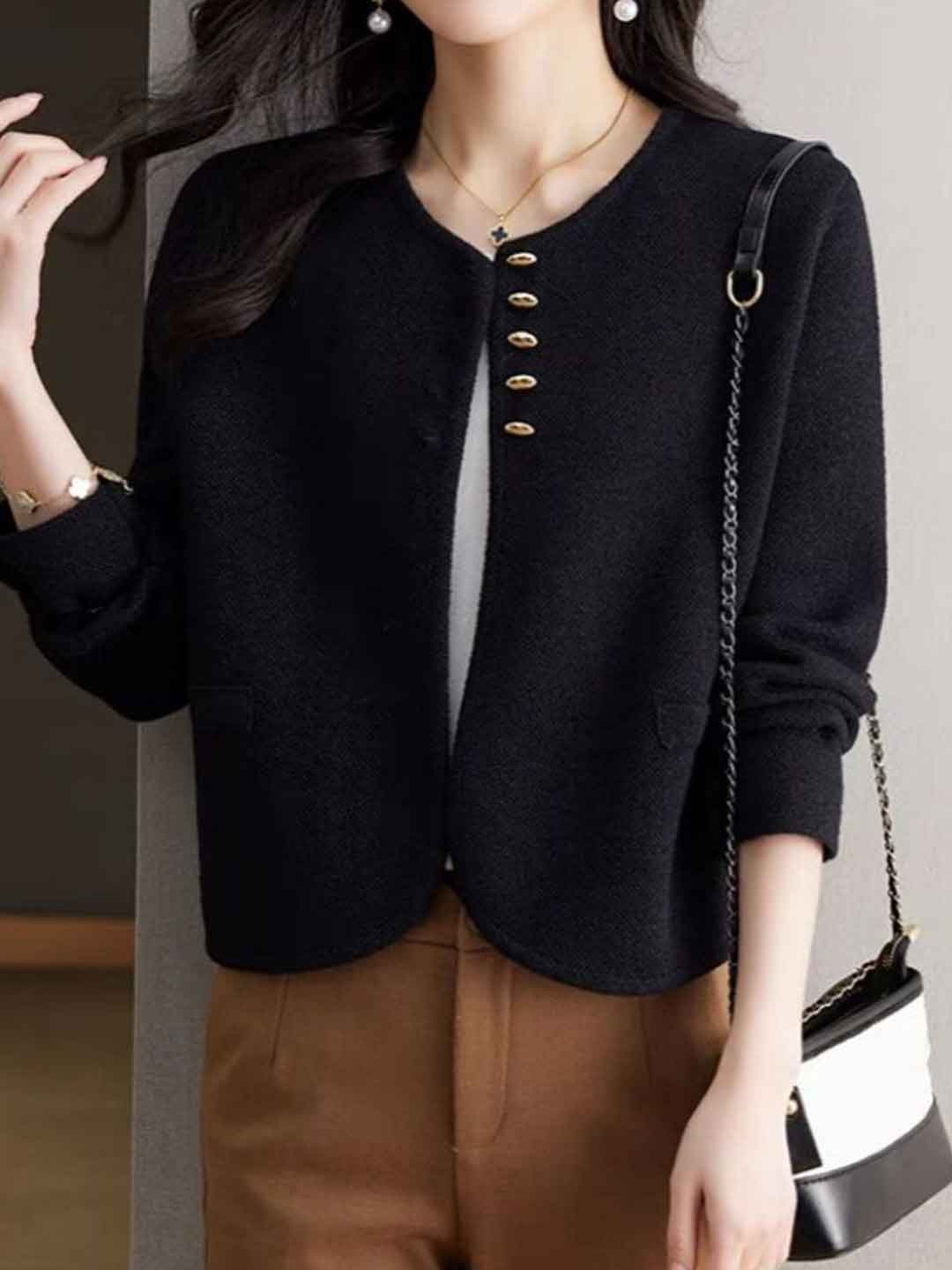 Maya Classic Crew Neck Solid Color Tweed Knitted Coat