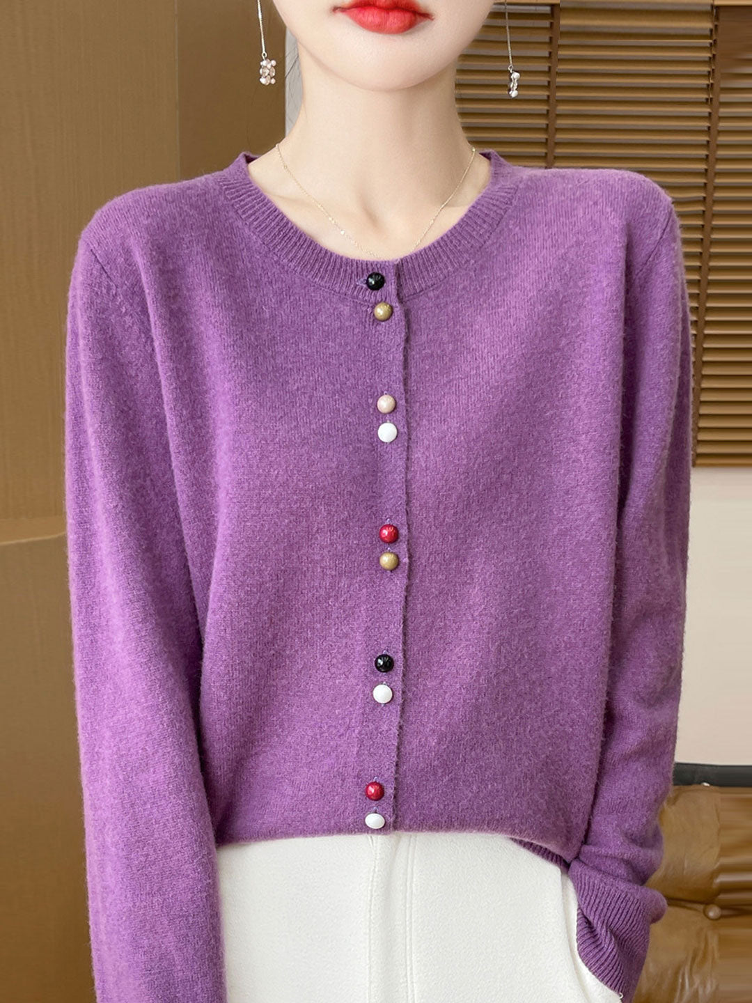 Mya Loose Crew Neck Solid Color Knitted Cardigan-Red