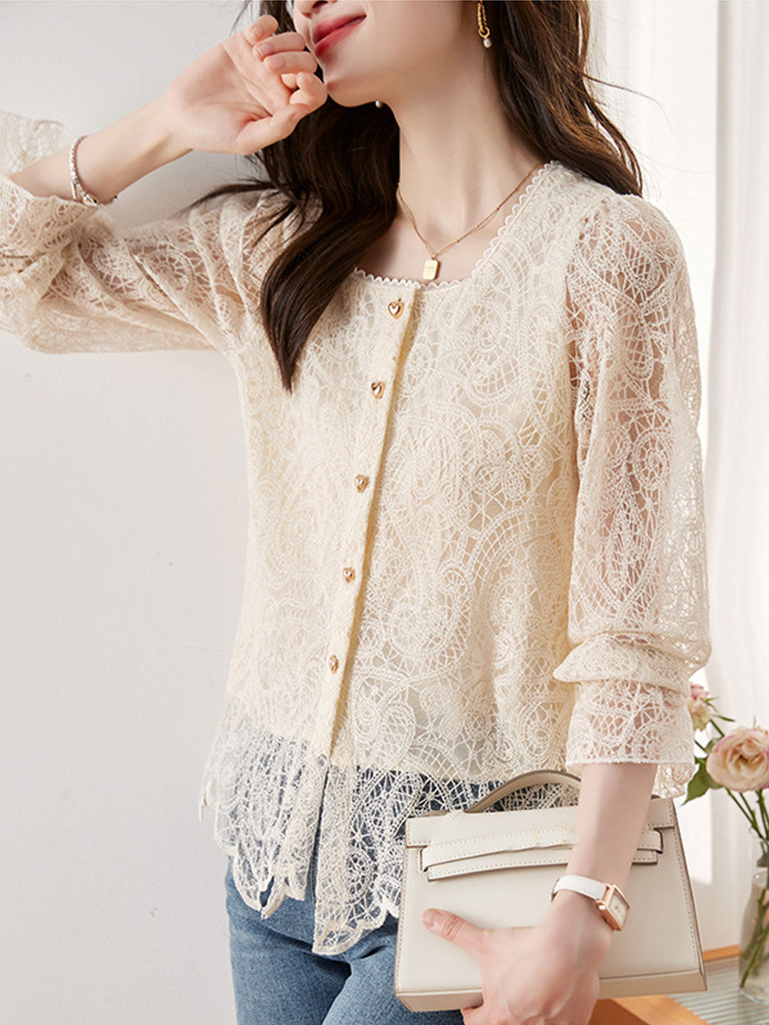 Sophia Retro Square Neck Lace Flare Sleeve Blouse