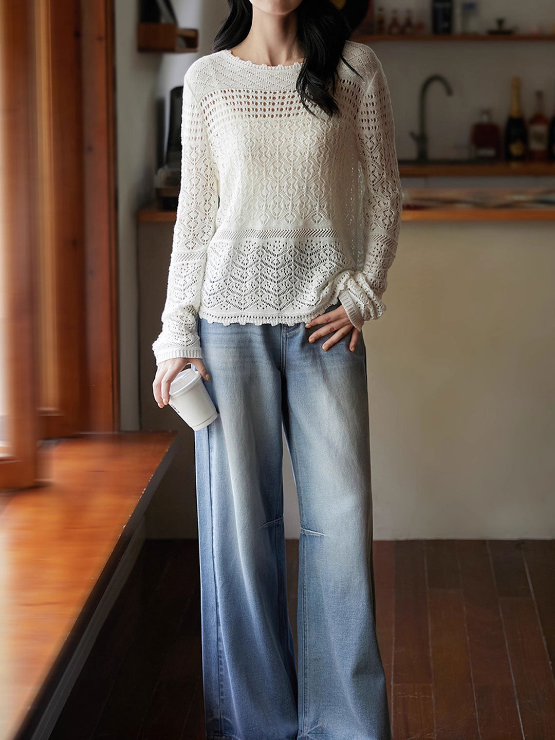 Mia Loose Crew Neck Hollowed Jacquard Knitted Top