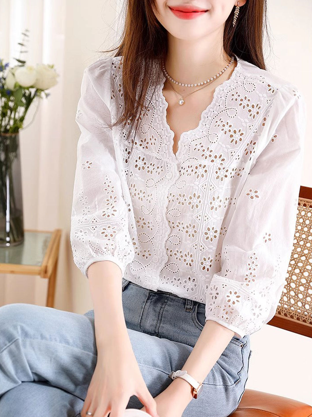 Kayla Retro V-Neck Embroidered Hollowed Top