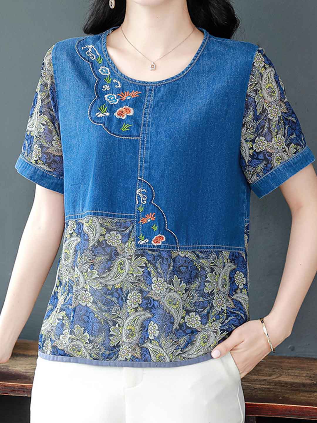 Mya Loose Crew Neck Embroidered Chiffon Top