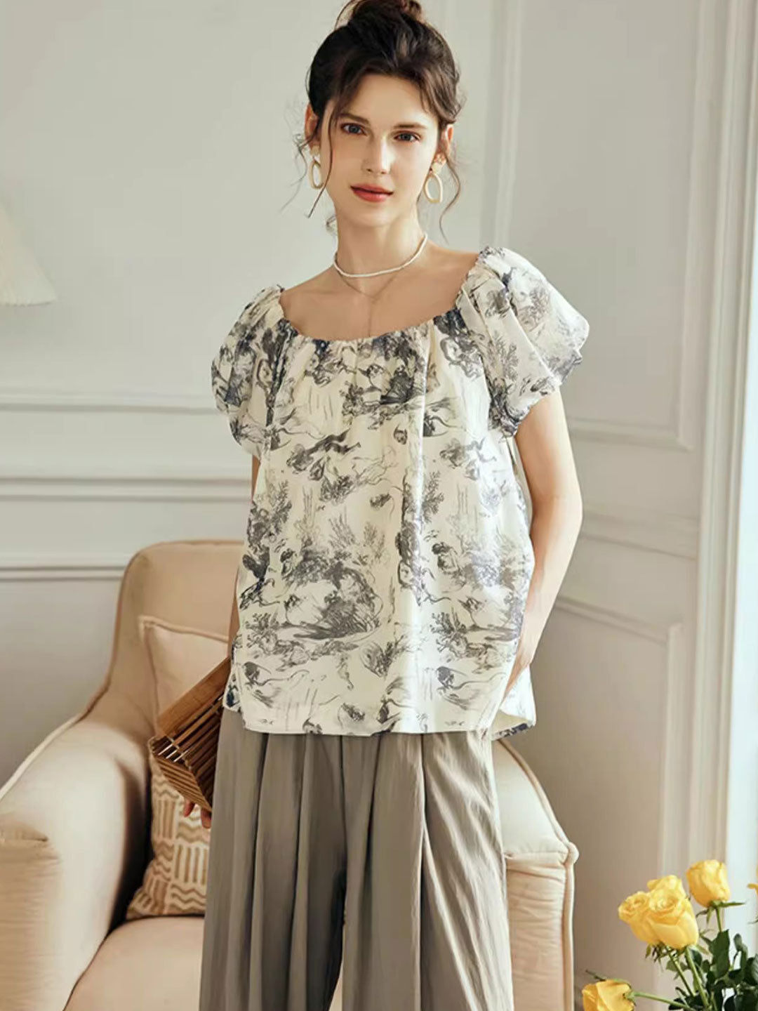 Chloe Loose Square Neck Printed Chiffon Top