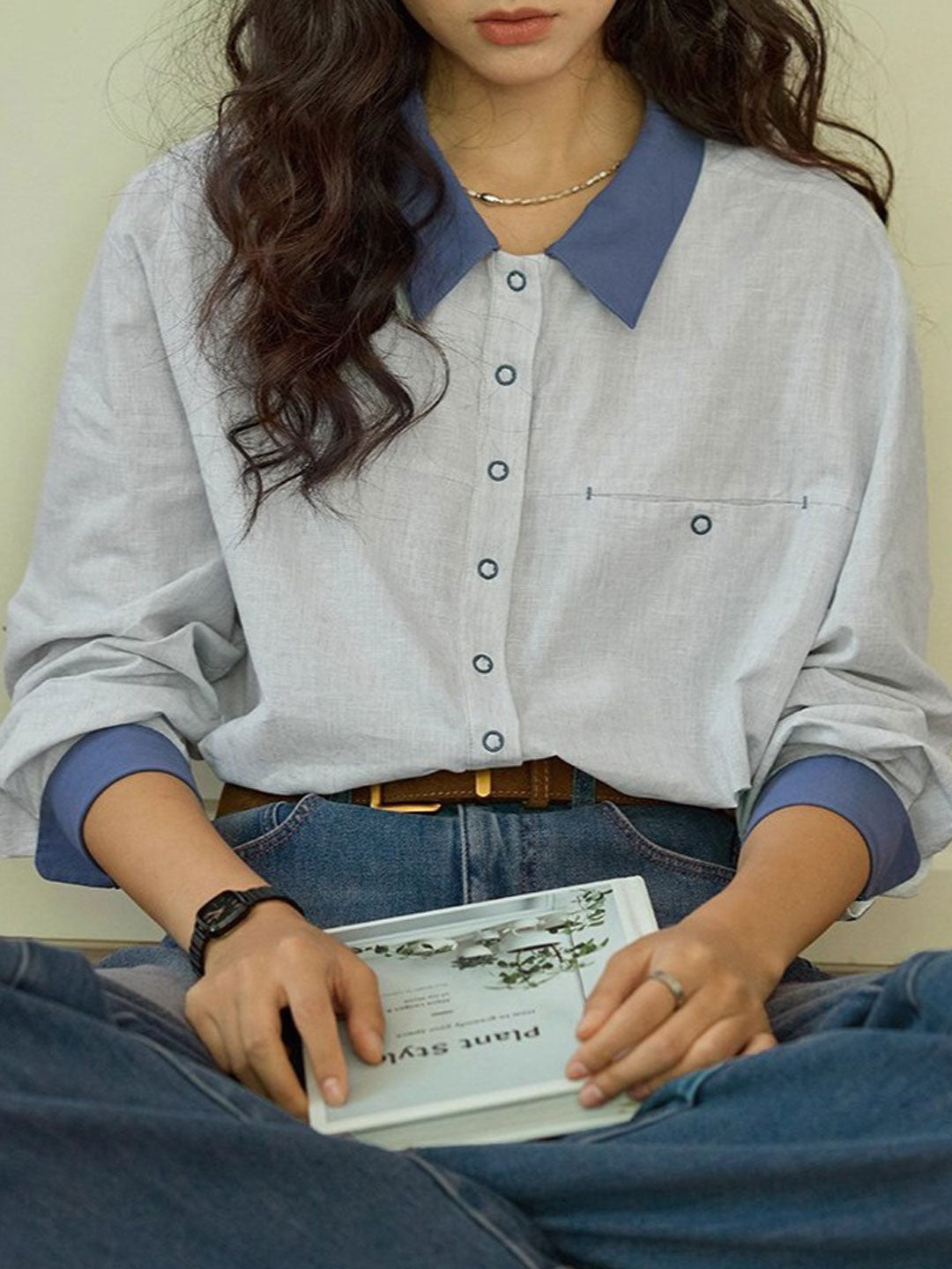 Layla Retro Lapel Contrasted Color Shirt