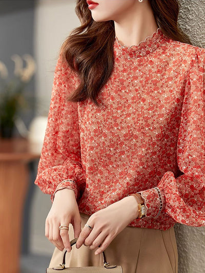 Chloe Retro Floral Printed Chiffon Blouse