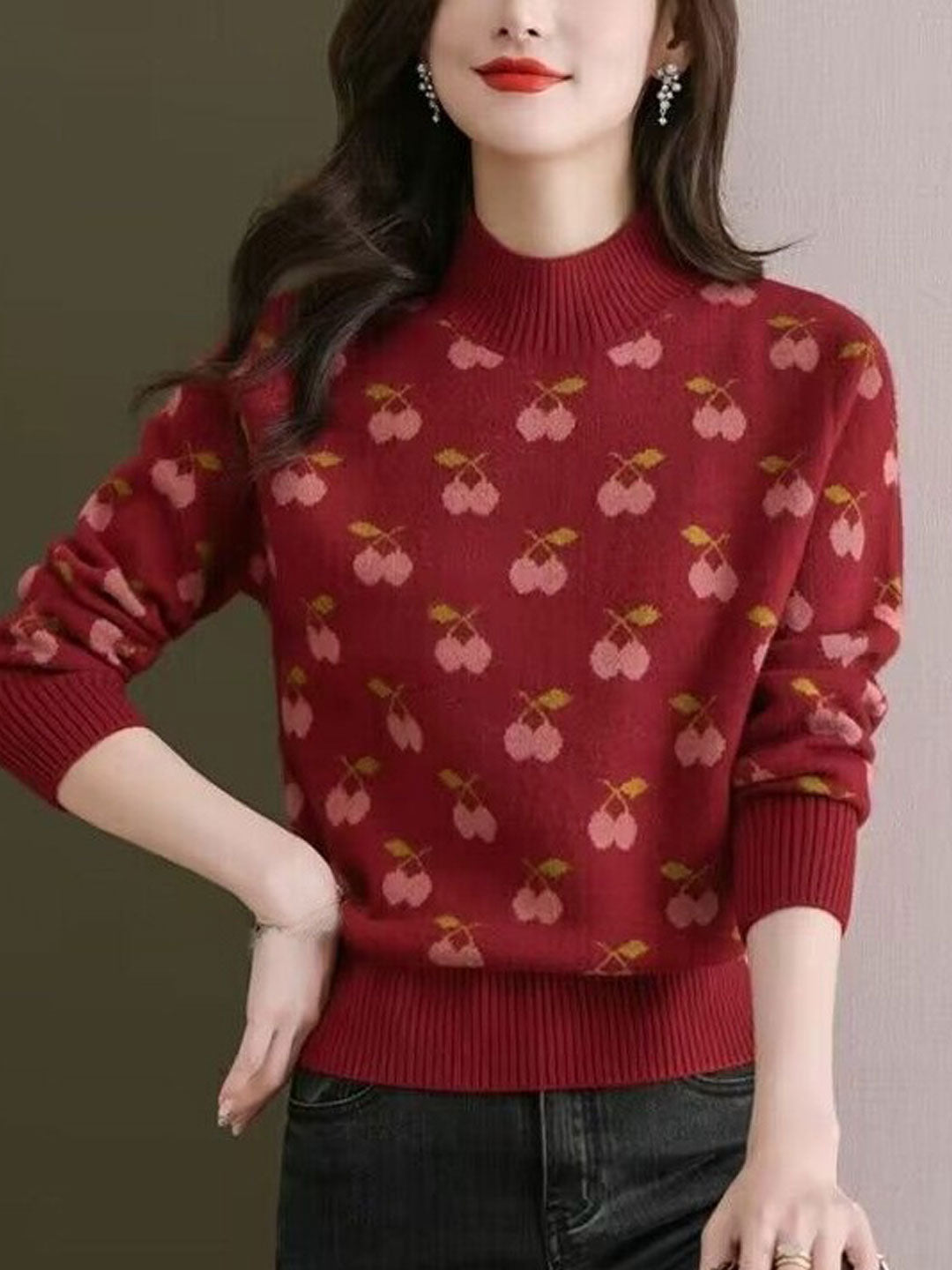 Abigail Retro Turtleneck Jacquard Knitted Pullover Sweater