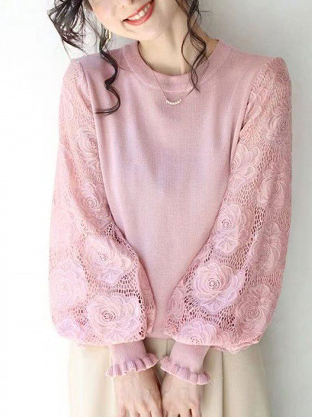 Anna Lace Lantern Sleeve Pullover Knitted Sweater