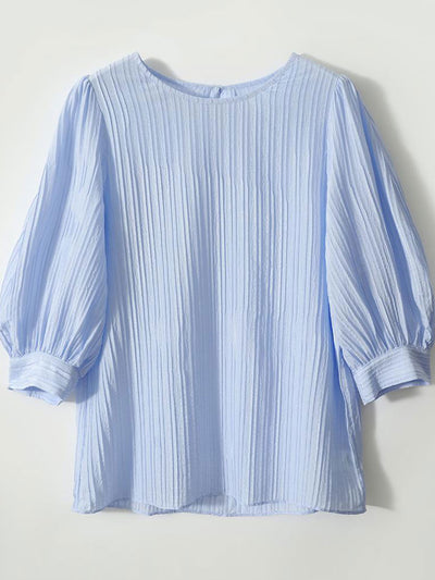 Kayla Classic Crew Neck Pleated Shirt-Blue