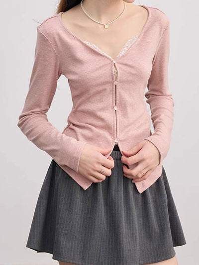 Chloe Slim V-Neck Solid Color Lace Top