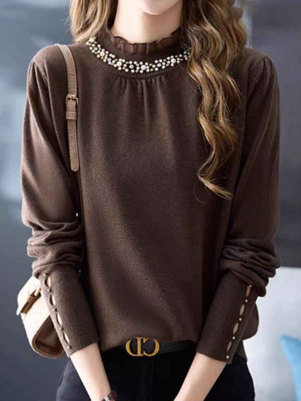 Raya Chic Auricular Collar Lace Beaded Knitted Top