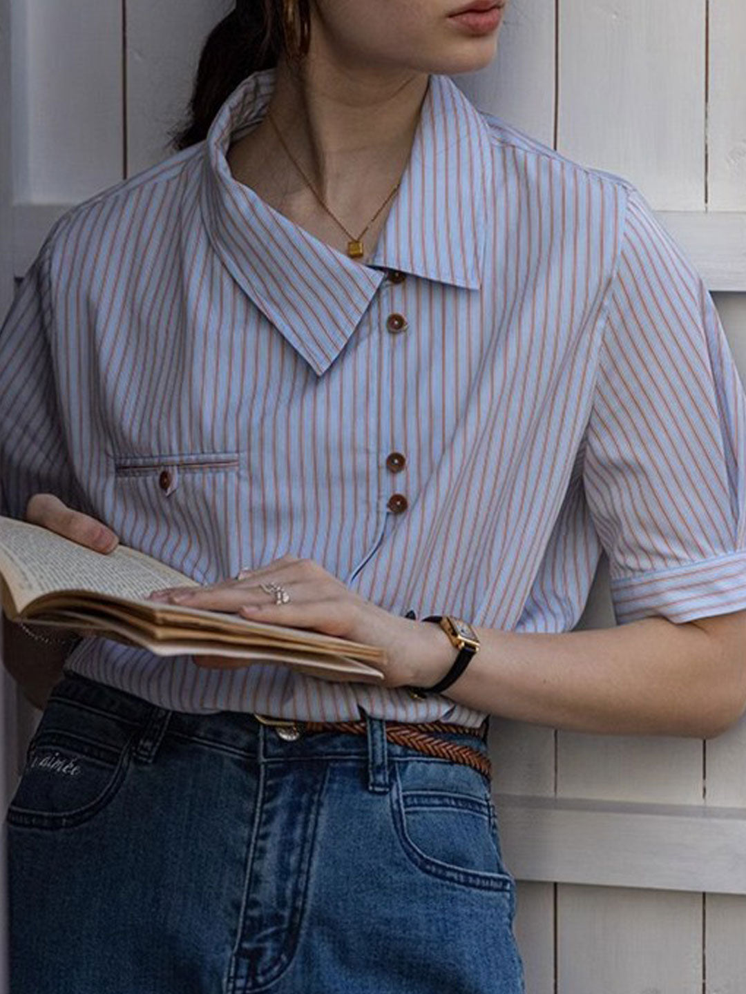 Caroline Classic Slant Collar Striped Shirt