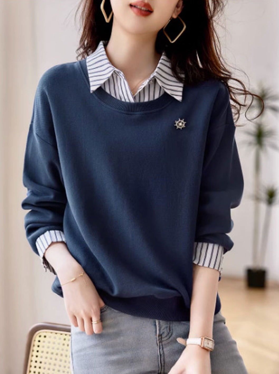 Isabella Casual Patchwork Striped Sweatshirt-Blue