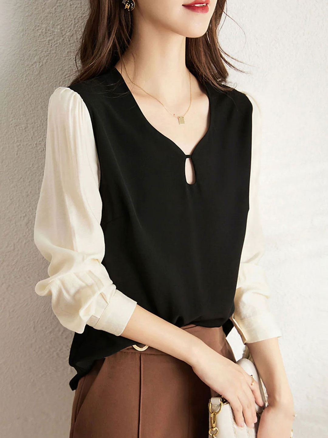 Grace Casual Contrast Chiffon Panel Top