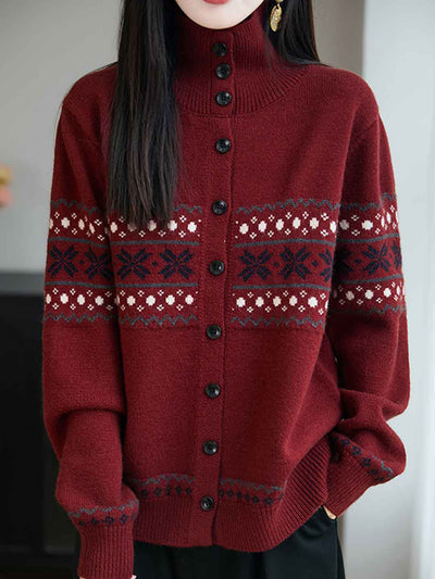 Natalie Retro Turtleneck Jacquard Knitted Cardigan