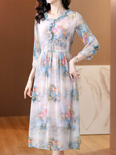 Natalie Elegant V-Neck Chiffon Printed Dress