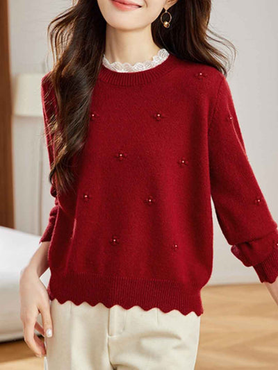 Andrea Retro Lace Crew Neck Solid Color Beaded Knitted Top