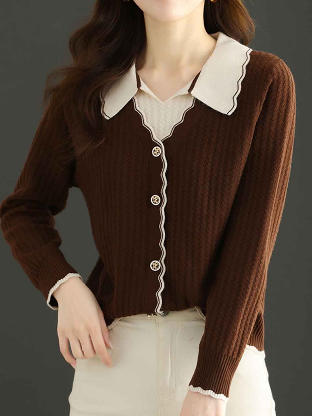 Camila Casual Lapel Mock Two-Piece Knitted Pullover Top