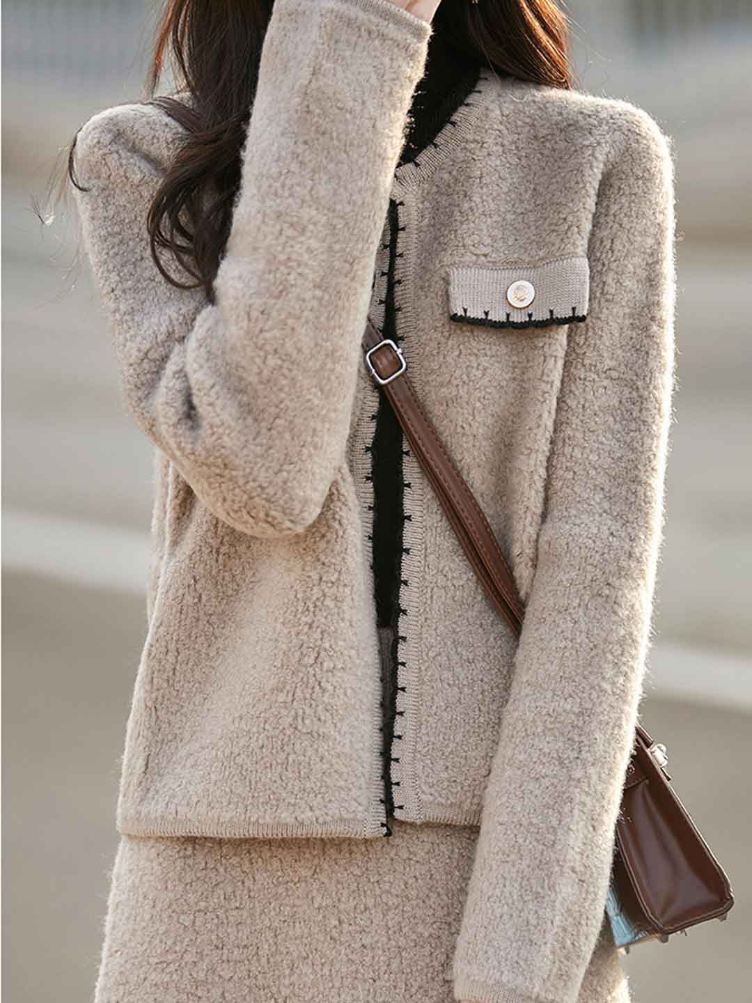 Aaliyah Elegant Crew Neck Tweed Knitted Coat