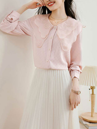 Raya Retro Doll Collar Embroidered Chiffon Shirt