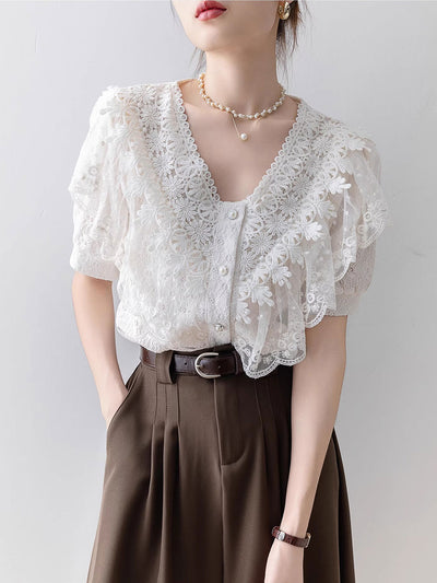 Kaylee Vintage V-Neck Solid Color Lace Blouse